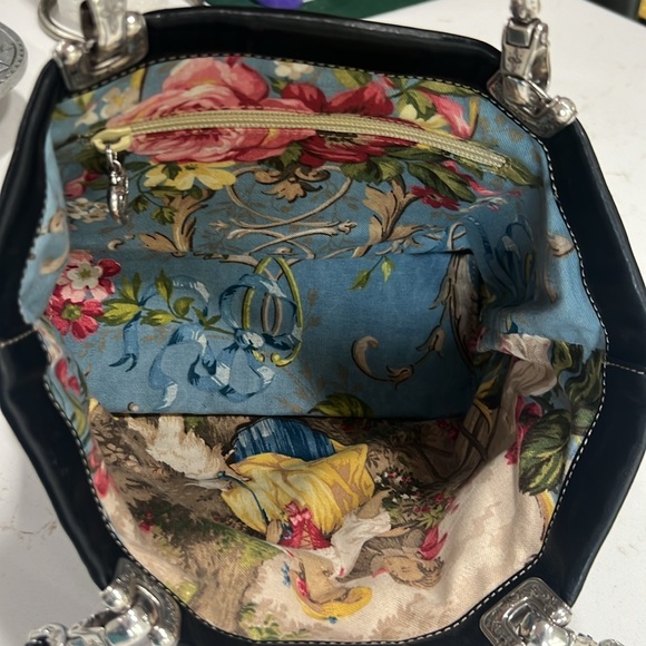 Brighton Jodi Black Leather Embroidered Heart Toile Liner Silver Filagree Bag - Picture 6 of 8